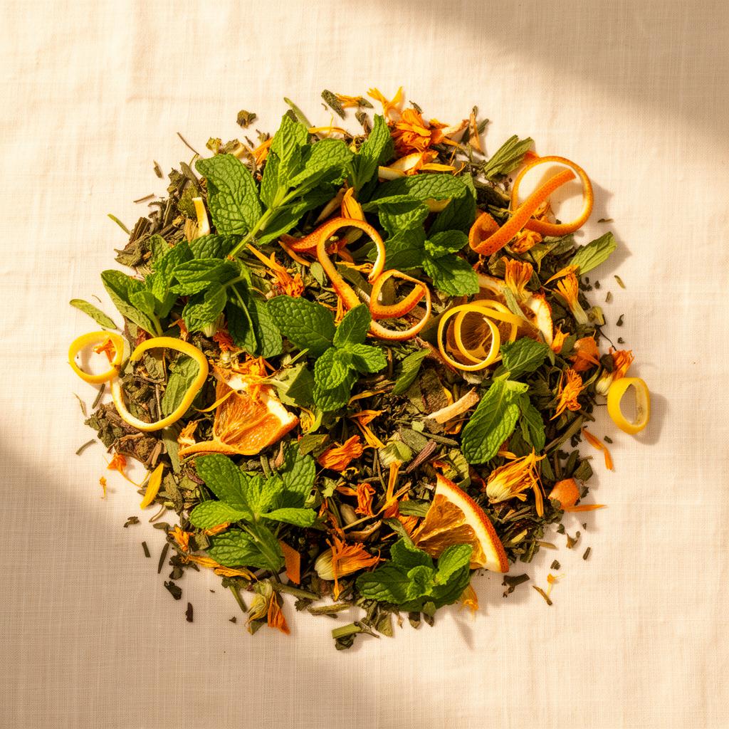 Morning Mercies citrus mint herbal tea leaves with orange peel and marigold